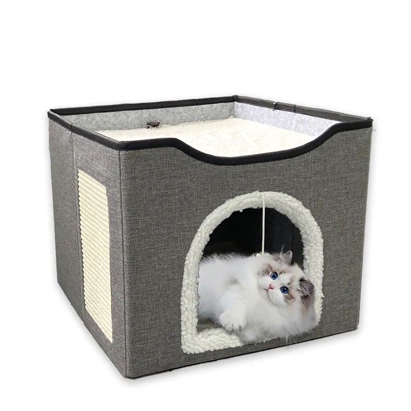 Picipaw บ้านแมวสองชั้นพับได้สำหรับในร่มเตียงสัตว์เลี้ยงอเนกประสงค์พร้อมกระดานข่วนสำหรับแมว