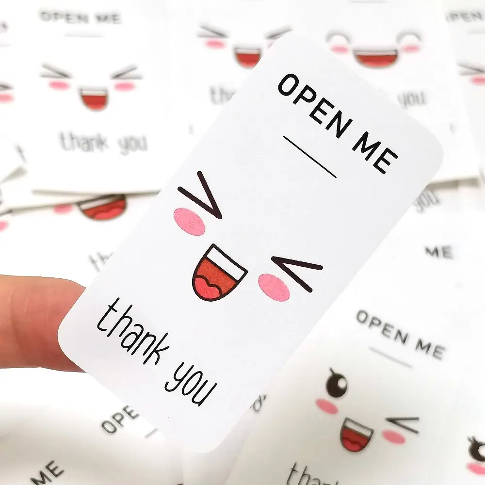 Cute Kawaii Face Thank You Adhesive Packaging Label Sticker 100 pcs Per Pack Self Adhesive Rectangle Shaped Packaging Label
