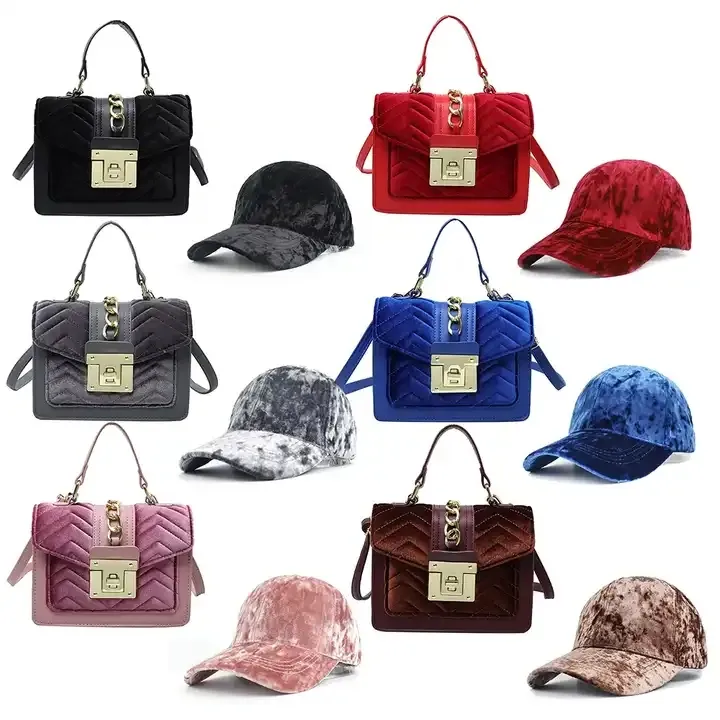 Ensemble de sacs à main et chapeaux assortis en velours pour femme, mode de luxe, collection automne 2023