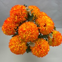 Buket Bola Krisan Buatan dari Sutra, Bunga Pom Pom Bulat dengan Daun Hijau untuk Dekorasi Vas Pernikahan dan Rumah