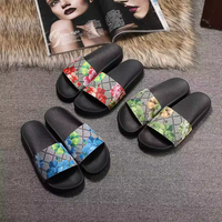Sandales plates de vacances en cuir véritable à imprimé floral pour couples, sandales de plage d'été, tongs plates de luxe de créateur