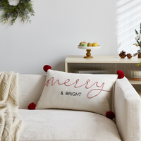 Housse de coussin lombaire de Noël Joyeux et Lumineux, broderie tissée avec pompon rouge pour la décoration intérieure du canapé