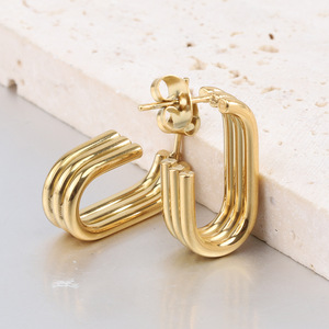 Geometric U Shape Hoop <b>Earrings</b> 14K Gold Stainless Steel Three Layer Circle <b>Stud</b> <b>Earrings</b> For Women Fashion Jewelry - Product Image 4