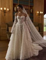 NYA0043 Gaun Pengantin A-line Renda Gading Kustom dengan Lengan Lepas Pasang, Gaun Pengantin Elegan Vestido De Novia