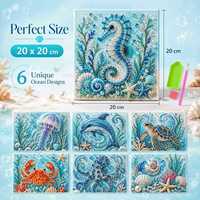 Kit de peinture sur perles en bois DIY d'animaux marins 20x20 cm encadré, style luxueux, pour décoration créative pour enfants et adultes