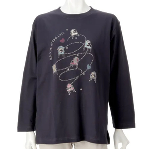 เสื้อยืดคอกลมแขนยาวสำหรับผู้หญิงผ้าฝ้ายปักลายตัวอักษรรูปแมวคอกลมทรงหลวม - Product Image 4