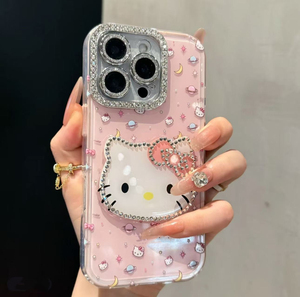 Coque de téléphone portable 3D scintillante motif chat KT en diamant de dessin animé avec cadre d'appareil photo mignon en verre DIY pour iPhone 17 Air 16 15 Pro Max - Product Image 4