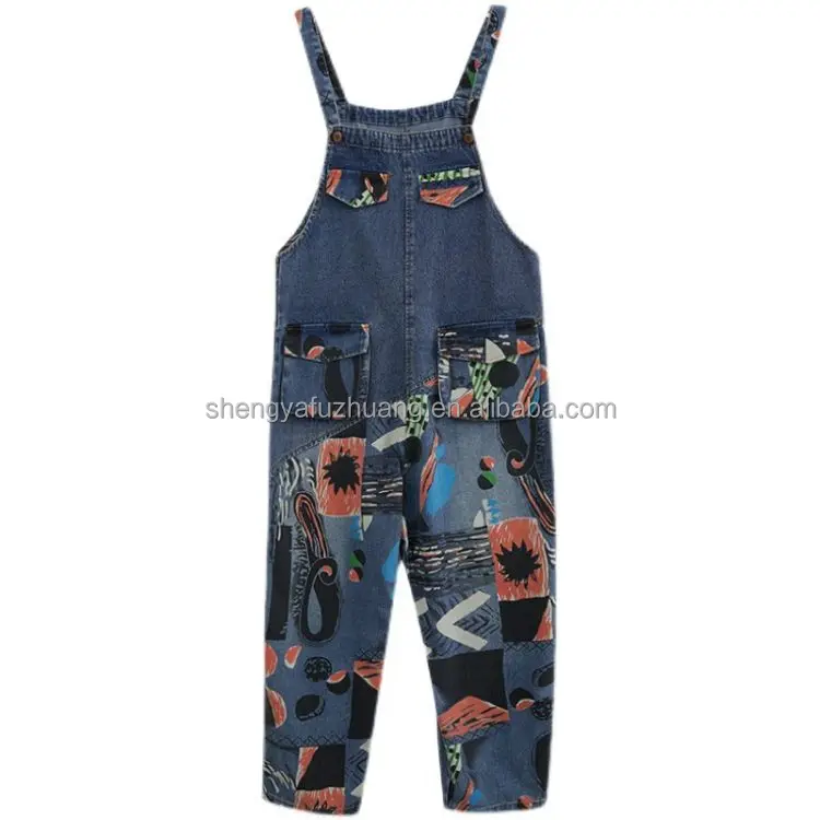 Women's rompers jeans suspenders long style rompers suspenders summer wide-legged floral print jeans overalls Ladies' rompers