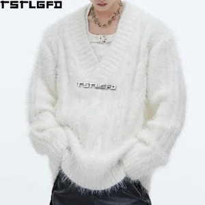 Suéter Holgado con Cuello en V, Fabricante de Pullovers de Punto Personalizados, Puños y Dobladillo Acanalados, Estilo Casual Minimalista Urbano, Venta al por Mayor - Product Image 1