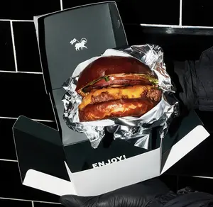 Kotak Burger Kemasan Kertas Karton Sekali Pakai Hamburger Makanan Siang Hitam Dapat Didaur Ulang Kustom
