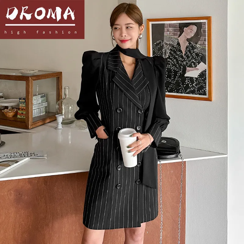 Droma in stock autumn and winter cross broder new slim double breasted splicing stripes fashion professional suit dress