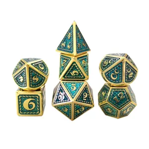 Sparkling Green Gold Number Design Dragon Style Metal Polygon Polyhedral Dice DND Sets For Table Game d&d Dungeons And Dragons