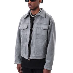 Chaqueta de Gamuza para Hombre al por Mayor, Estilo Básico Vintage, Unisex, Cierre de Cremallera, Color Sólido, con Cuello Vuelto - Product Image 1