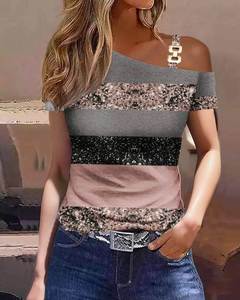 Femmes Eté Chic Elégant Asymétrique <span class=keywords><strong>T</strong></span>-<span class=keywords><strong>shirt</strong></span> à Manches Courtes Imprimé One Shoulder Blouse <span class=keywords><strong>Femme</strong></span> Tendance 2025 - Product Image 5