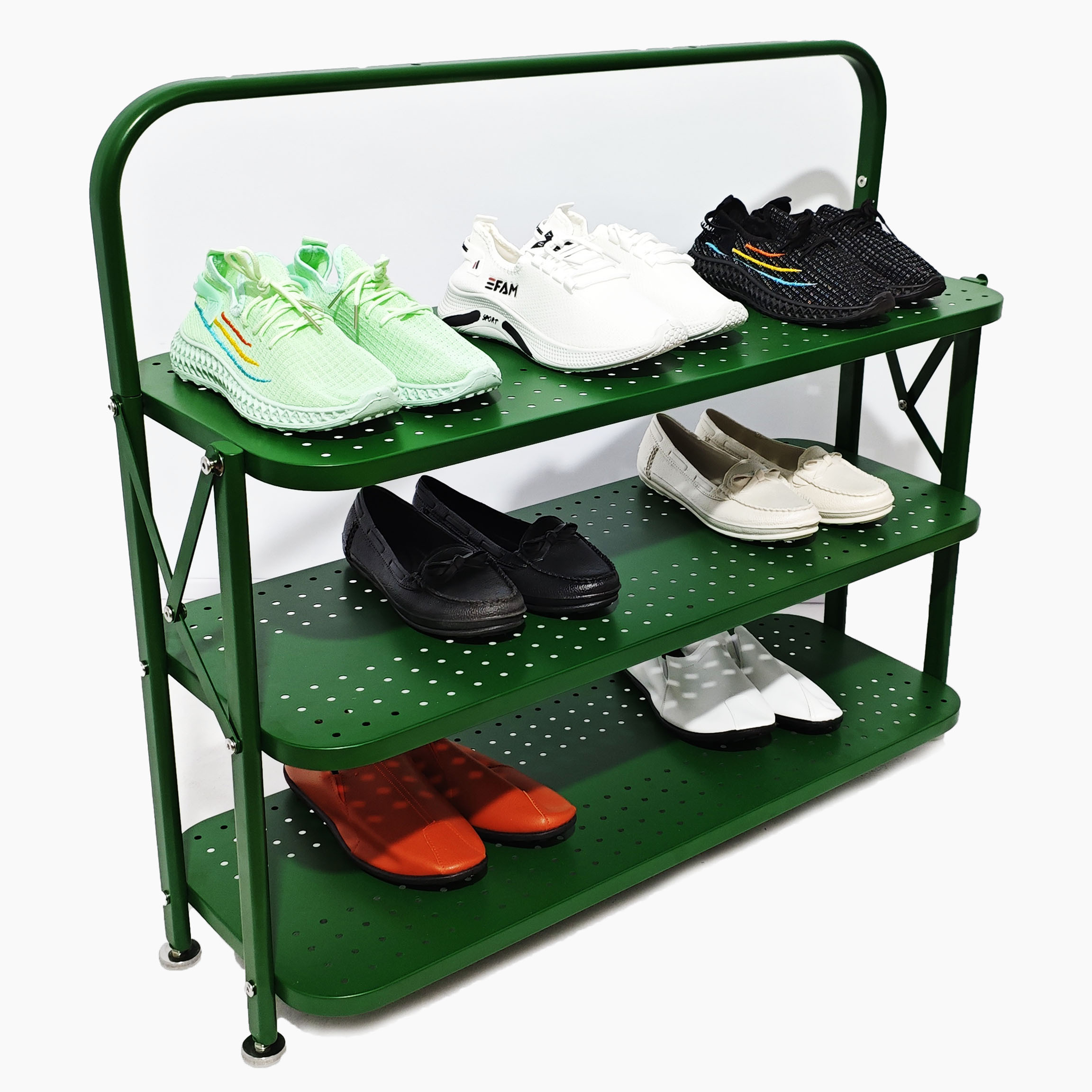 Metal Shoes Display Racks Foldable 3-Tier Stand with Green Shelf Adjustable Feet Custom Logo for Advertising — view 6