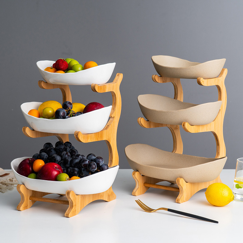 Household Bamboo Wooden Racks 3 Layers Food Container Dish Pottery Ceramic Plate for Salad Vegetable Fruits Nuts Snacks