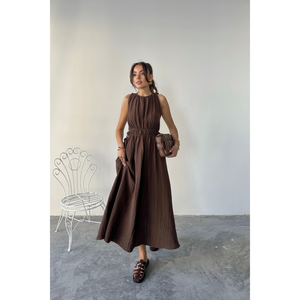 Robe maxi sans manches en mousseline marron, taille élastique, robe décontractée, taille S - Product Image 4