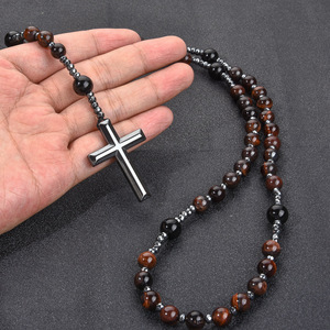 Nuevo Collar de Moda con Cuentas Redondas de Obsidiana y Ojo de Tigre, Cadena Larga con Cruz, Joyería y Accesorios para Hombre - Product Image 4