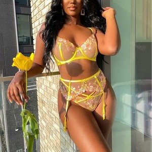 도매 꽃 자수 레이스 쉬어, 언더 와이어 브라, g-문자열, 가터 란제리 세트 - Product Image 5