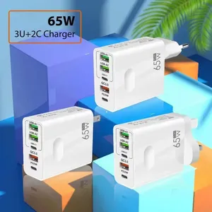 65W UK EU US Plug 3USB+2PD QC3.0 Fast Charging Charger Adapter 5 Ports Quick Dual PD Type-C + 3 x USB Multi Port Charger
