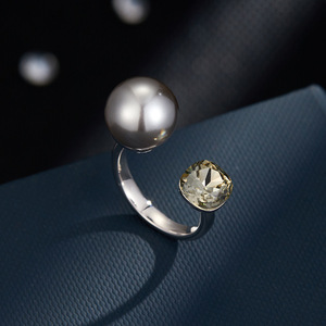 Open Back Pearl <b>Crystal</b> <b>Ring</b> Adjustable Band For Index Finger Everyday Wear Geometric Shape Bezel Setting - Product Image 4