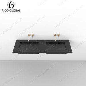 Vasque double rectangulaire murale en marbre noir au design minimaliste avec robinet plaqué or pour salle de bain - Product Image 6