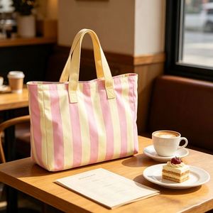 Custom Logo Striped Canvas Tote <b>Bag</b> <b>Large</b> Capacity Reusable Shoulder Handbag for Shopping <b>Beach</b> Travel - Product Image 1