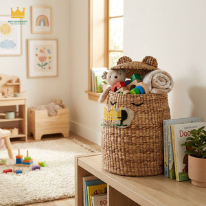 Cesta de Almacenamiento de Ratán con Tapa y Diseño de Oso de Dibujos Animados, Hecha de Jacinto de Agua, para Organizar Juguetes en el Dormitorio Infantil, Decoración Artesanal de Fibra Vegetal - Product Image 5