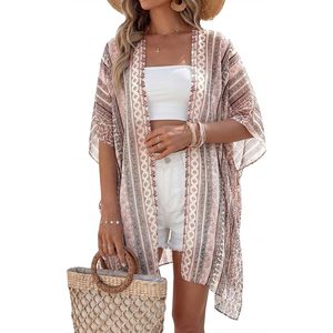 <b>Summer</b> Kimono <b>Cardigan</b> For Women Boho Floral Short Sleeve Swimwear Cover Up Loose V Neck Beach Wear Light Weight Fashion Top - Product Image 4