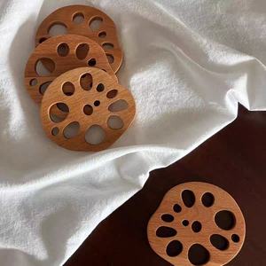 Lotus Root Slice Coaster Natural Solid Wood Anti Heat Round Table Mat For Cafe <b>Teacup</b> Protection - Product Image 1