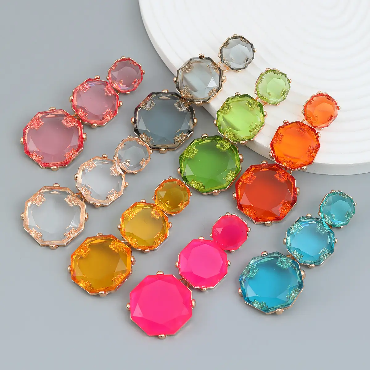 European and American alloy resin earrings exaggerated party geometric octagon long earrings jewelry wholesale for women