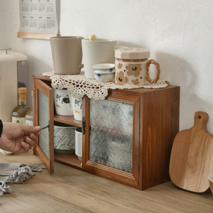 Solid Wood Desktop Storage Cabinet With Frosted Glass Doors For Tea Set Display And Cup Storage <b>Pine</b> Material Zhejiang Origin - Product Image 3