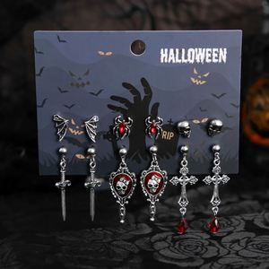 6 Pairs Goth Red Crystal Skull Spider Metal Drop <b>Earrings</b> Set Women Halloween Creative Cross Rose <b>Piercing</b> <b>Earring</b> Jewelry - Product Image 1