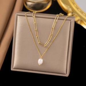 قلادة نسائية متعددة الاستخدامات بطبقتين بتصميم شخصي فريد، مزينة بخرز اللؤلؤ والذهب وأشكال هندسية غير منتظمة، مجوهرات رقيقة وأنيقة للنساء - Product Image 6