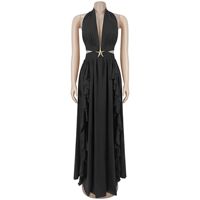 Robe de soirée longue pour femme 2026, dos nu, à nouer, avec décolleté halter en V profond, taille découpée, détail étoile en strass et jupe à volants
