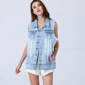 Custom Vrouwen Button Front Flap Pocket Ripped Jeans Jas Tank Top Vrouwen Mouwloze Denim Tank Top