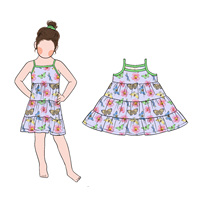 Pabrik Menerima MOQ Rendah Gaun Musim Panas Anak Perempuan Tali Bahu Tipis Bahan Twill Cetak Lucu Desain Ruffle Gaun Panjang