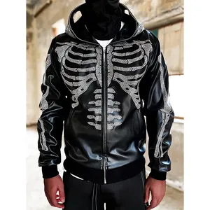 Custom black full zip face hoodie jacket Skeleton print leather hoodie men full zipup hoodie rhinestone