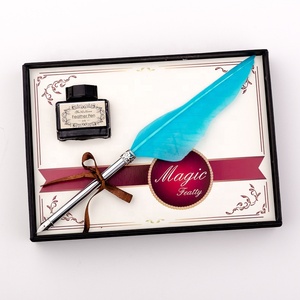 Stylo plume en plume de canard bleu, corps argenté, plume à tremper, ensemble avec flacon d'encre, outil d'écriture cadeau, signature, boîte rétro - Product Image 3