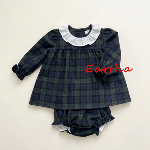 Abiti coordinati per la famiglia in flanella tartan verde, vestito con volant e <span class=keywords><strong>pantaloncini</strong></span> coordinati per fratello e sorella, abiti natalizi per bambini. - Product Image 4