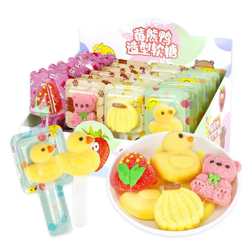 Funny Animals Strawberry Shaped Soft Candy Fruity Flavor Gummy Jelly Candy Lollipop Box Packaging 21g*28