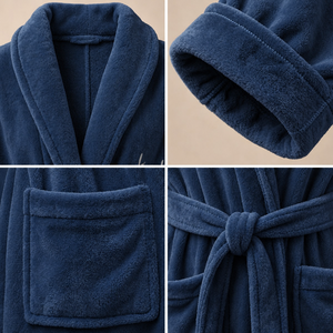 Accappatoio Personalizzato con Logo e Collo <span class=keywords><strong>a</strong></span> Scialle <span class=keywords><strong>in</strong></span> Pile Corallo Blu Scuro Spesso Super Morbido per Uso Quotidiano da Donna - Product Image 3