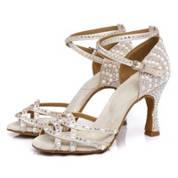 Chaussures de danse latine haut de gamme de couleur abricot Chaussures de mariage à performance professionnelle à semelle souple avec perle blanche