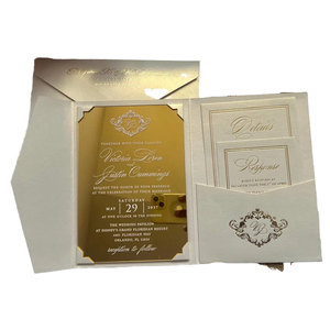 Juego de tarjetas de invitación de <span class=keywords><strong>boda</strong></span> de lámina de oro elegante de lujo sobre de bolsillo de marfil de perla acrílica dorada para el Día de San Valentín - Product Image 1