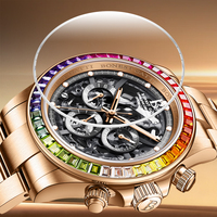 Montre chronographe automatique mécanique pour homme Bonest Gatti, boîtier en acier inoxydable, cadran squelette, lunette sertie de pierres colorées, luminescente BG8018