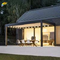 Pergola électrique de luxe extérieure, écologique, étanche, avec toit à persiennes rétractables et rideaux, structure en aluminium, inspirée de la nature