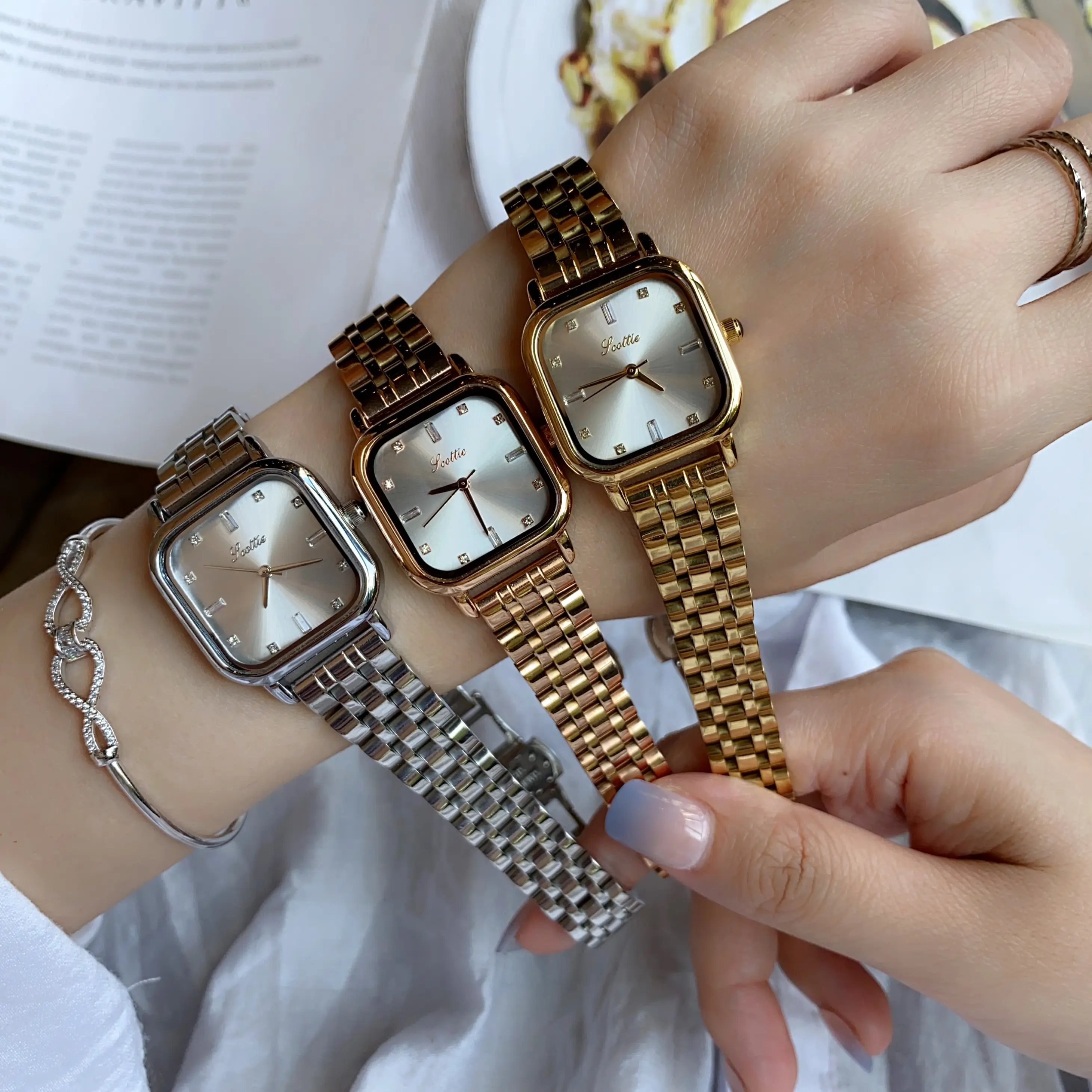 Scottie nouveauté style simple cadran carré en acier inoxydable luxe carré quartz femmes montres