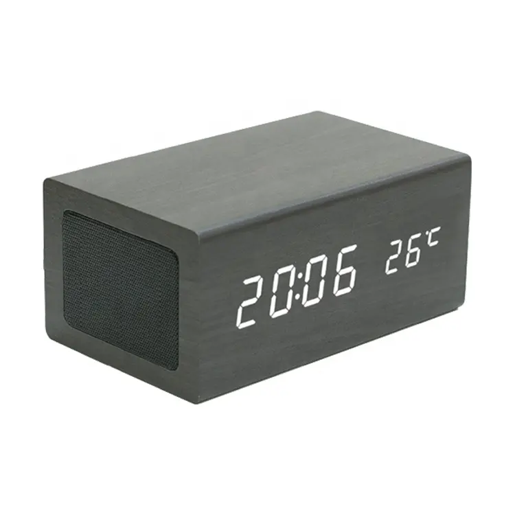 Wooden Digital Clock EU Standard Portable Wooden V5.0 Wireless Speaker LED Digital Alarm Clock With Thermometer