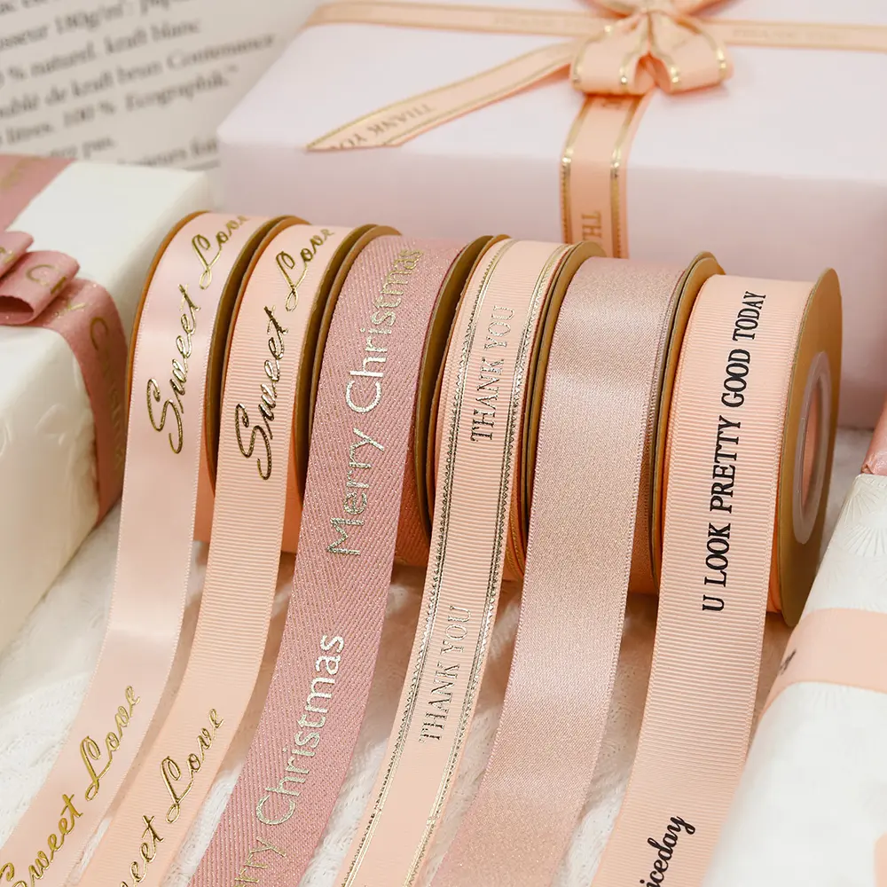 Customized Packing Ribbon Custom printed satin ribbon Logo Rose Gold Foiled Logo Gift wrapping satin Ribbon for packing