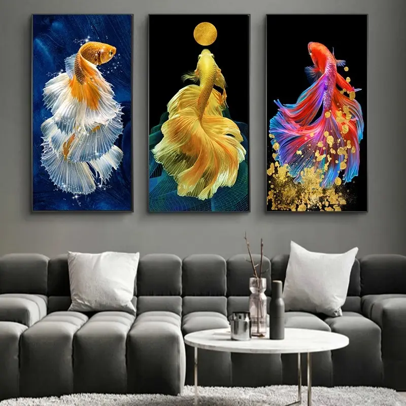 Modern Wholesale print on canvas crystal porcelain painting artworks for home hotel office living room decor koi fish painting